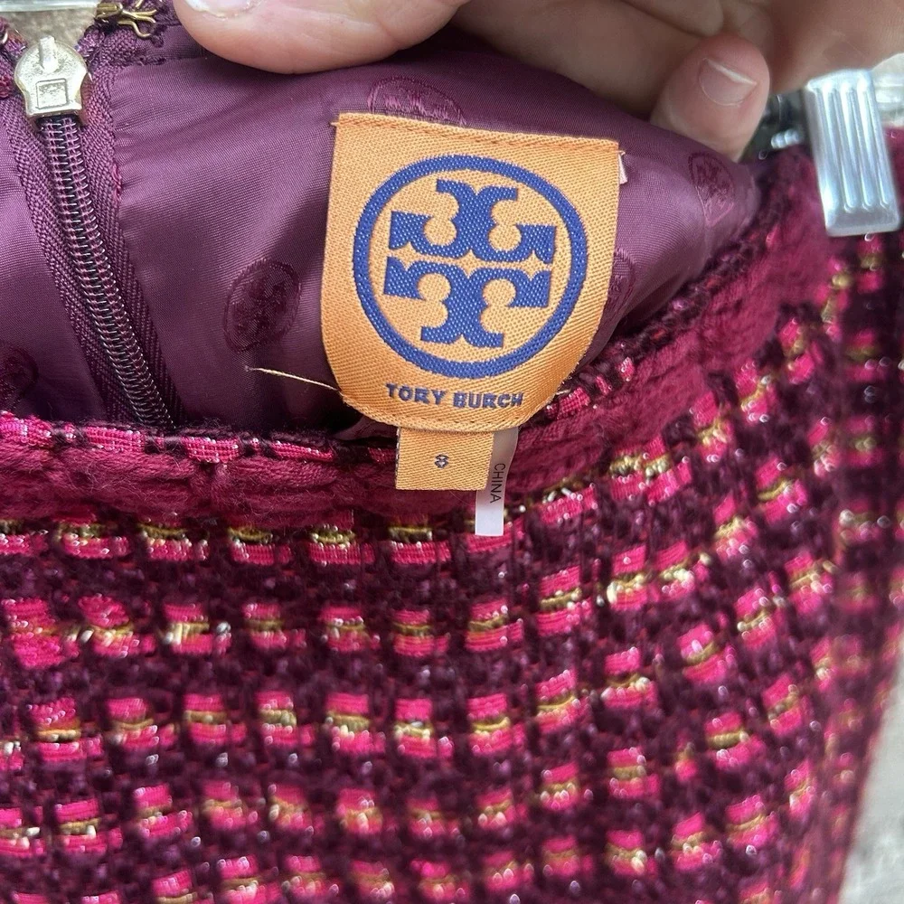 Tory Burch Skirt Womens 8‎ Burgundy Tweed Boucle Pencil Lined Style 31273939